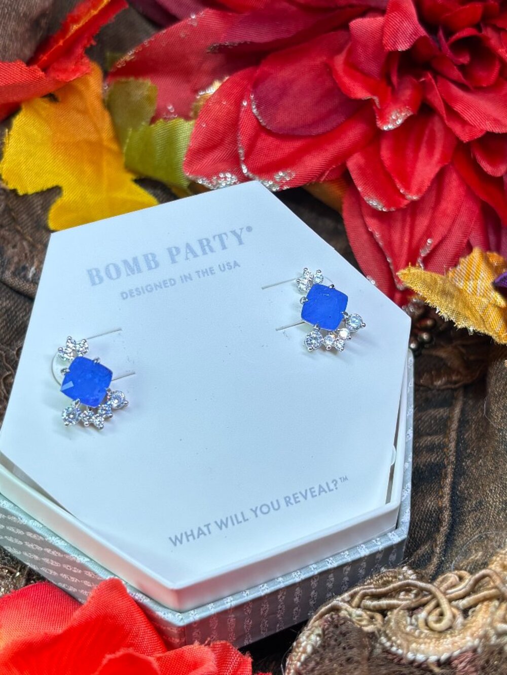 Bomb Party "The Sterling Club" Blue Quartz Luxury Earrings RBP2996 MSRP $212